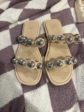 a new day Tan Slide Sandals with Silver Orb Accents